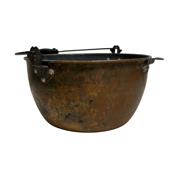 Revere Hammered Copper Apple Butter Kettle Wooden Handle Cauldron Antique - Picture 6 of 12